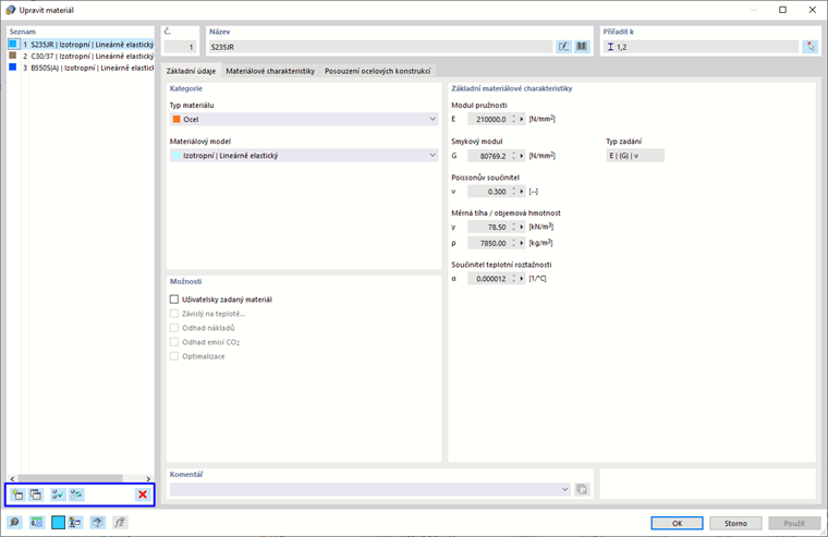 Dialog "Upravit materiál"
