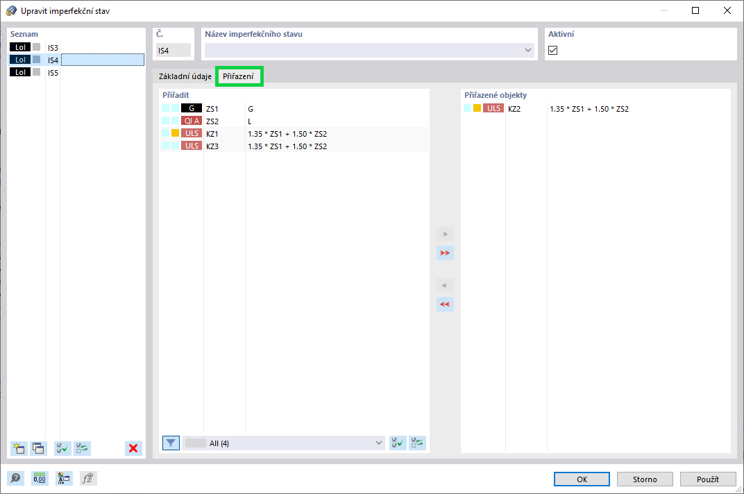 Přiřazení imperfekčního stavu stávajícím zatížením a/nebo kombinacím zatížení