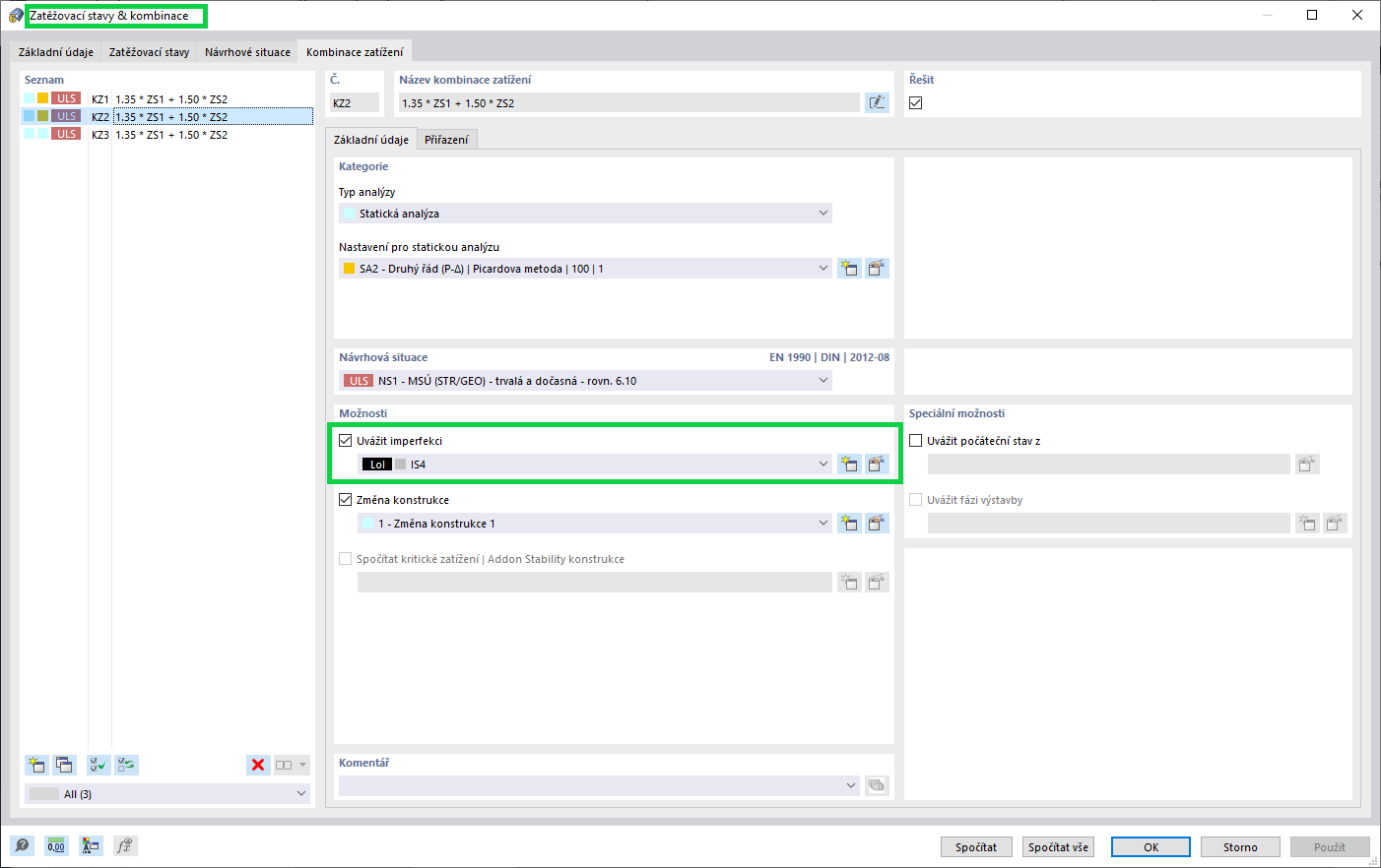 Zohlednění imperfekcí v zatěžovacích stavech a kombinacích