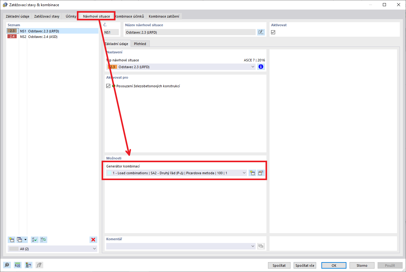 Upravit generátor kombinací v Návrhové situaci