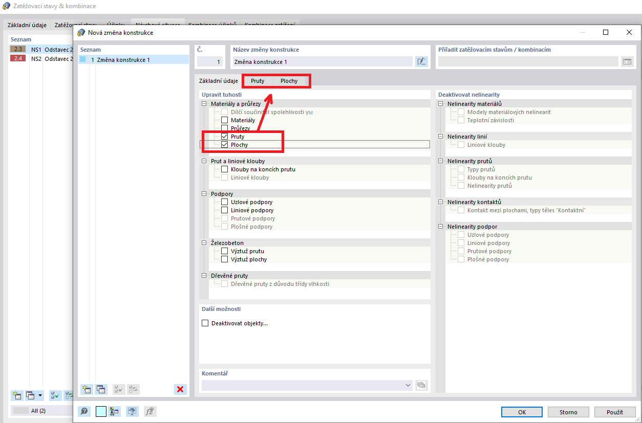 Záložky Pruty a Plochy pro úpravu tuhosti