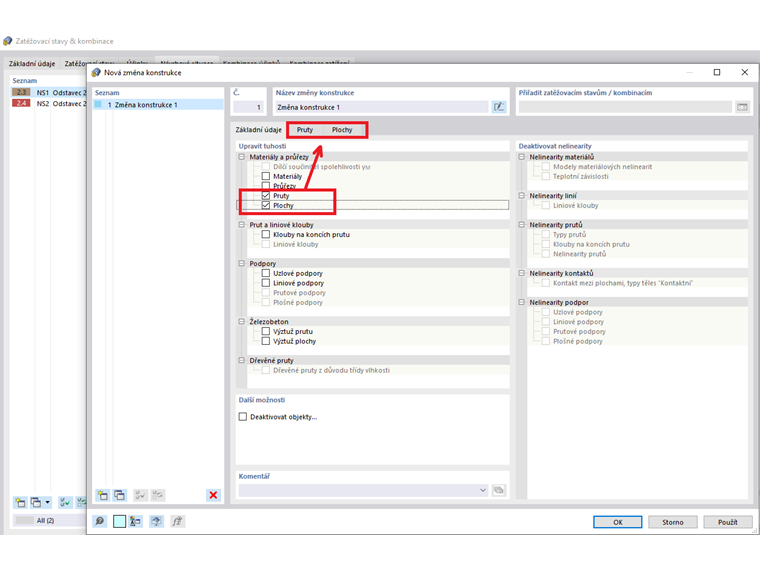 Záložky Pruty a Plochy pro úpravu tuhosti