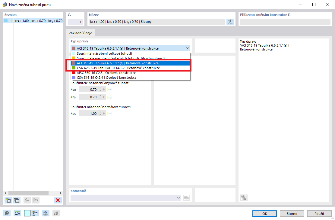 Typ úpravy tuhosti podle ACI 318-19 a CSA A23.3-19