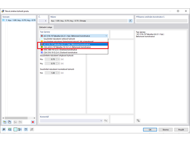 Typ úpravy tuhosti podle ACI 318-19 a CSA A23.3-19