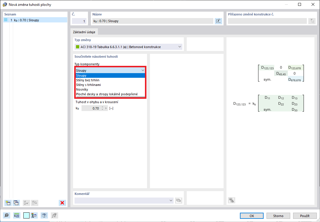 Výběr typů komponent