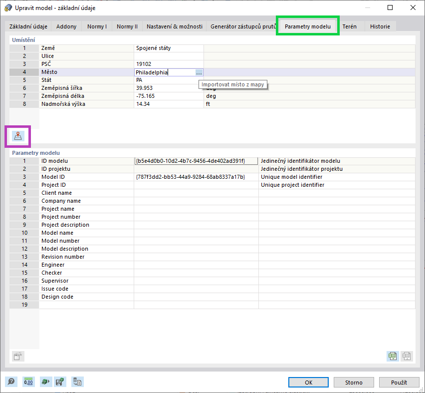 Zadání místa modelu