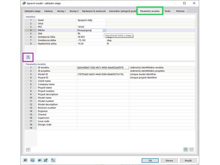 Zadání místa modelu