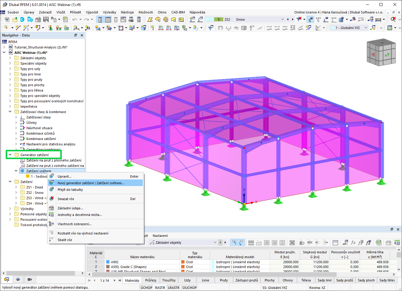 Generátory zatížení - zatížení sněhem v programu RFEM 6