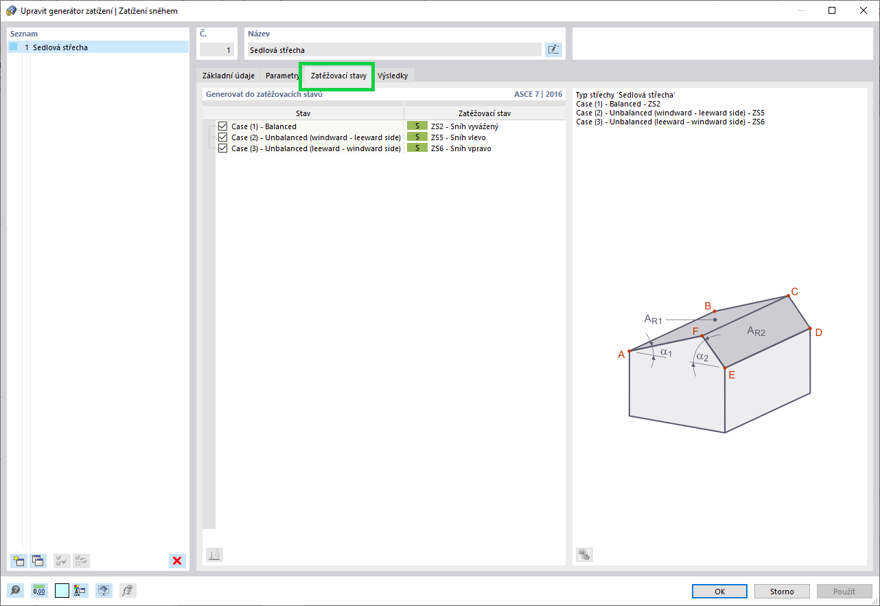 Generování zatížení sněhem do zatěžovacích stavů
