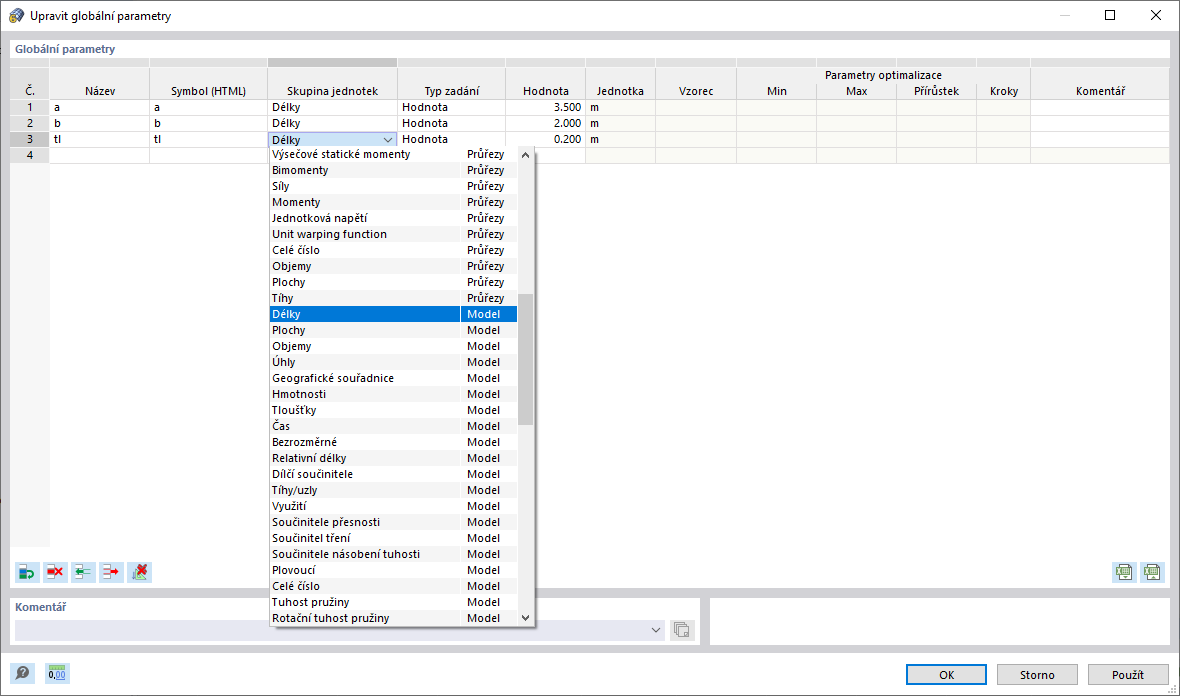 Dialog ' Upravit globální parametry '