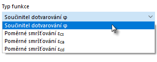 Vyberte typ funkce: Součinitel dotvarování nebo přetvoření při smršťování