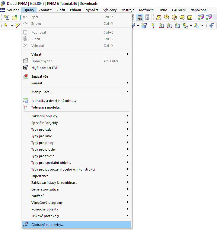 Otevření globálních parametrů