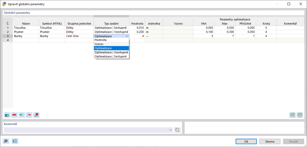 Definování globálních parametrů pro optimalizaci