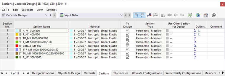 Tabulka 'Průřezy' pro posouzení betonu