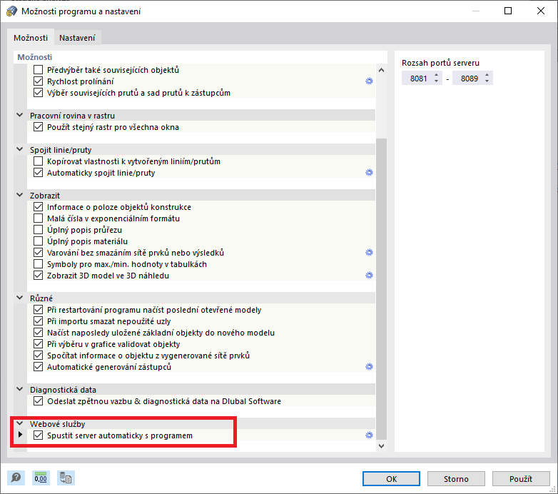 Spuštění serveru v možnostech programu