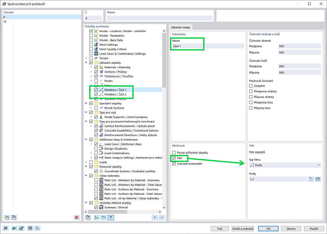 Výběr položek protokolu v tiskovém protokolu