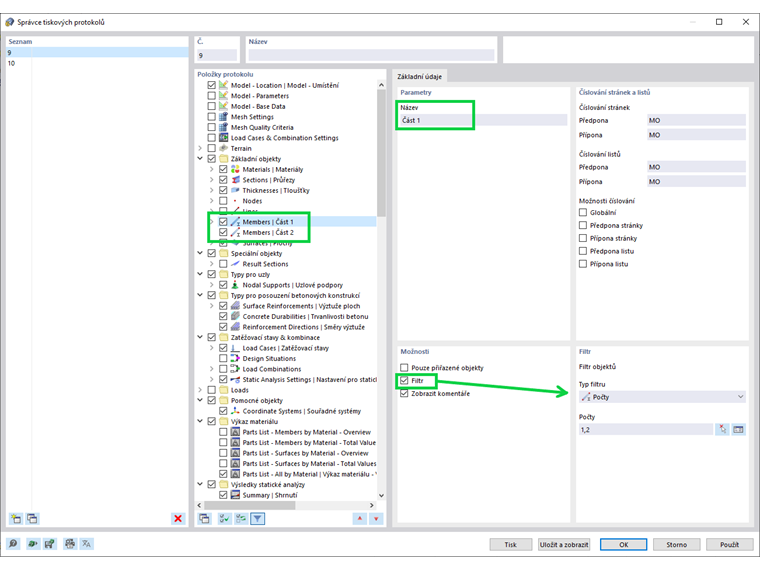 Výběr položek protokolu v tiskovém protokolu
