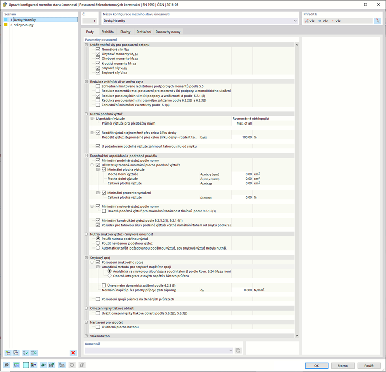 Upravit konfiguraci únosnosti - Pruty