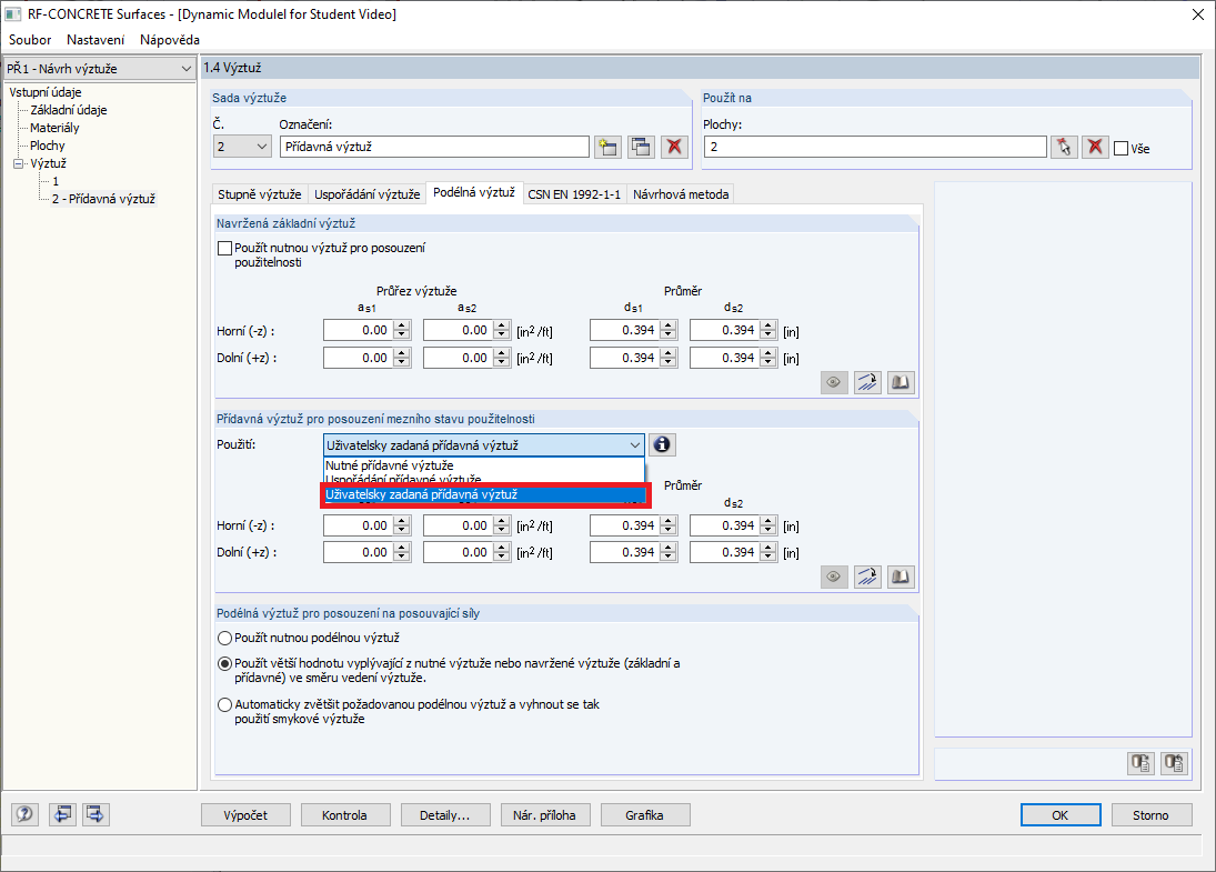 FAQ 005192 | Proč nemohu vybrat uživatelsky zadanou přídavnou výztuž pro posouzení mezního stavu použitelnosti?