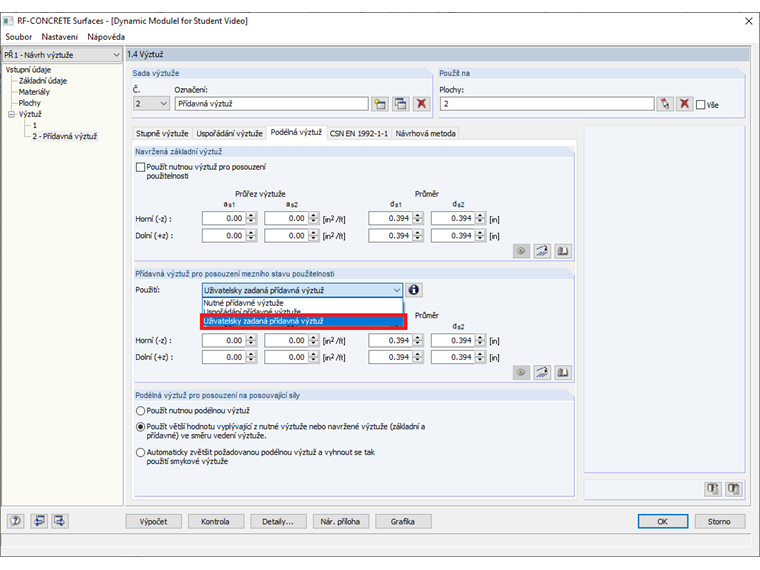 FAQ 005192 | Proč nemohu vybrat uživatelsky zadanou přídavnou výztuž pro posouzení mezního stavu použitelnosti?