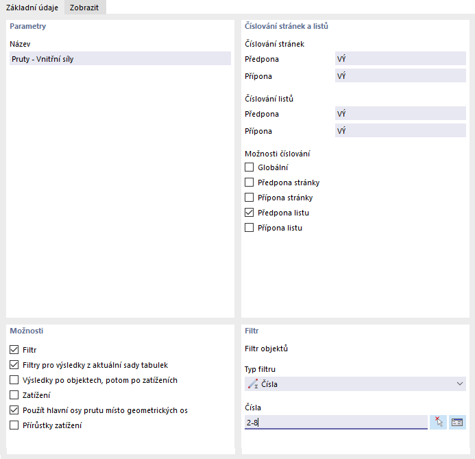 ' Hlavní záložka ' pro vnitřní síly prutů