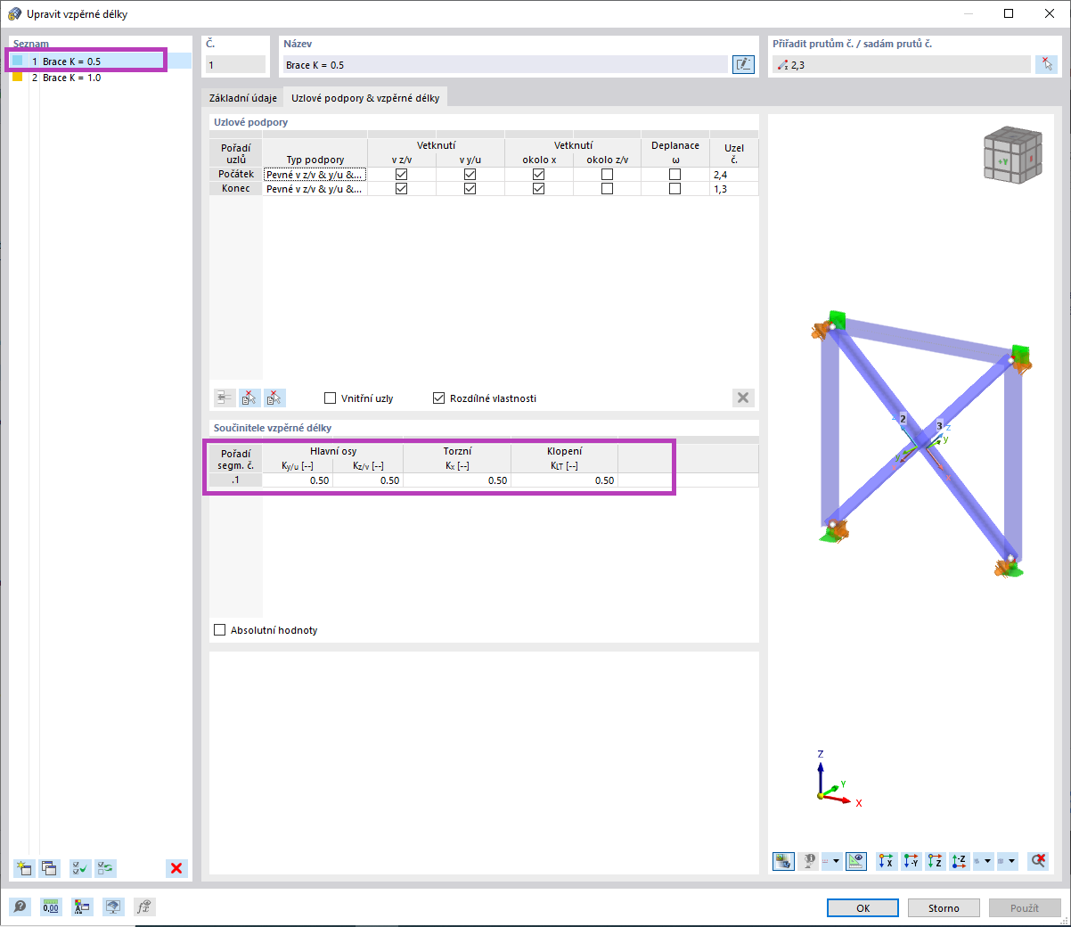 Součinitel vzpěrné délky, K = 0,5