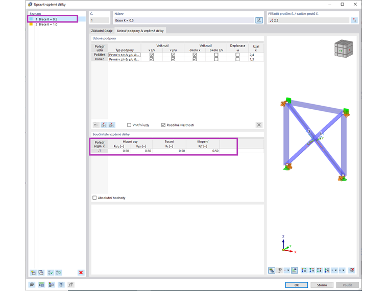 Součinitel vzpěrné délky, K = 0,5