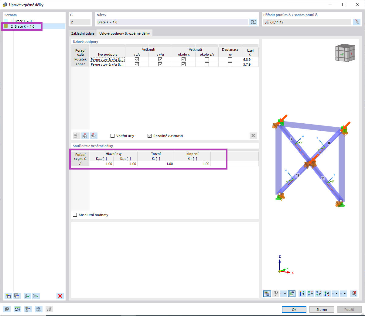 Součinitel vzpěrné délky, K = 1,0