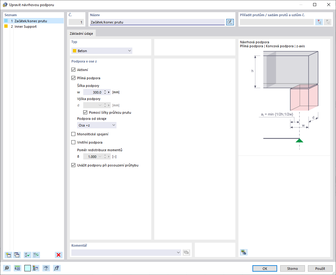 Zadání návrhových podpor na začátku/konci prutu