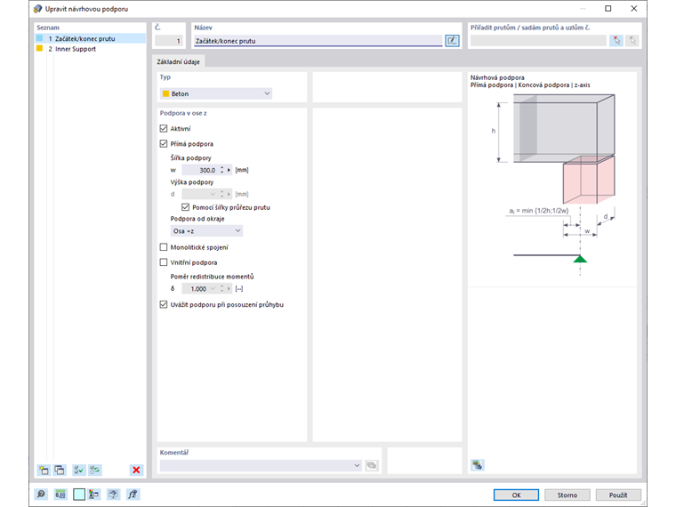 Zadání návrhových podpor na začátku/konci prutu