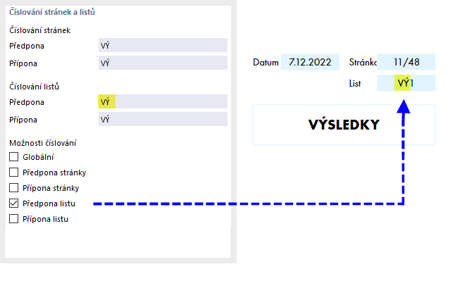 Definování číslování listů pomocí předpon a výsledků