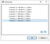 Výběr prutů v dialogu