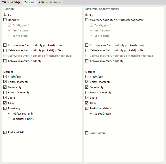 Definice řádků a sloupců výsledků pro dokumentaci