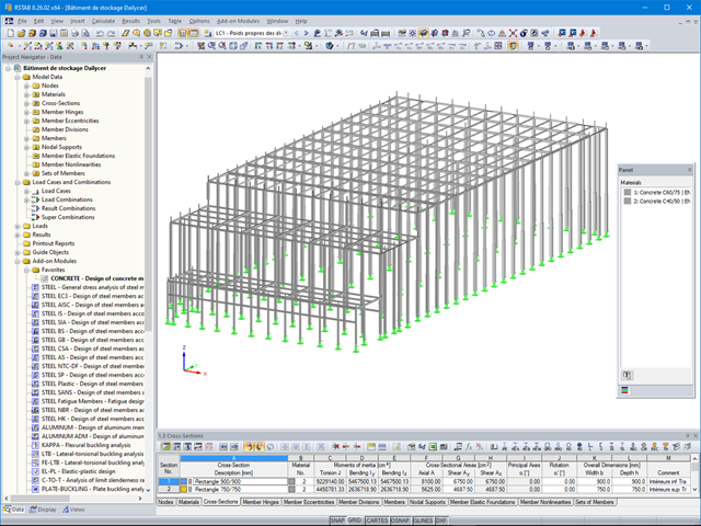 Model konstrukce skladištní haly z betonu v programu RSTAB