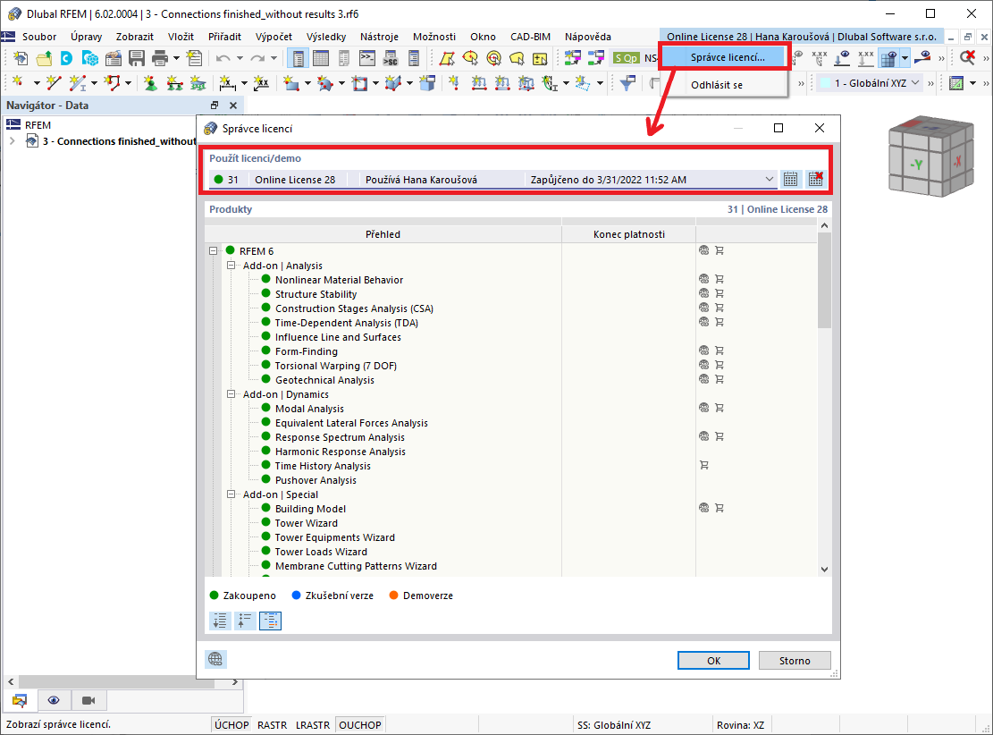 FAQ 005041 | Při otevírání nového modelu jsou všechny addony, na které mám licenci, k dispozici pouze jako demoverze. Zdá se, že mám jen demoverzi.