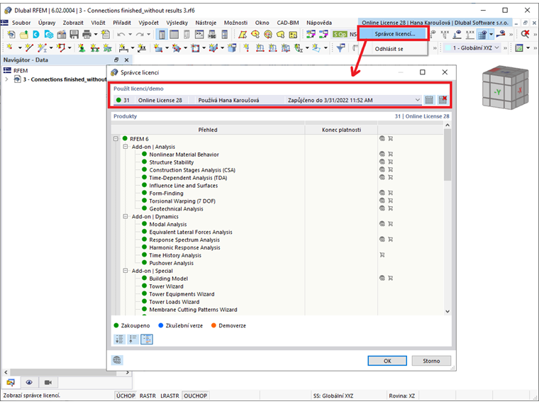 FAQ 005041 | Při otevírání nového modelu jsou všechny addony, na které mám licenci, k dispozici pouze jako demoverze. Zdá se, že mám jen demoverzi.