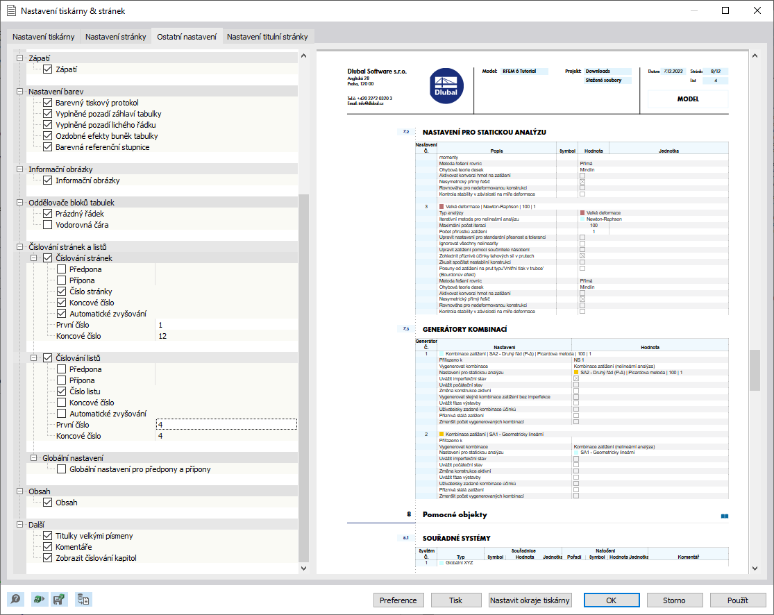 Definování číslování stran a listů