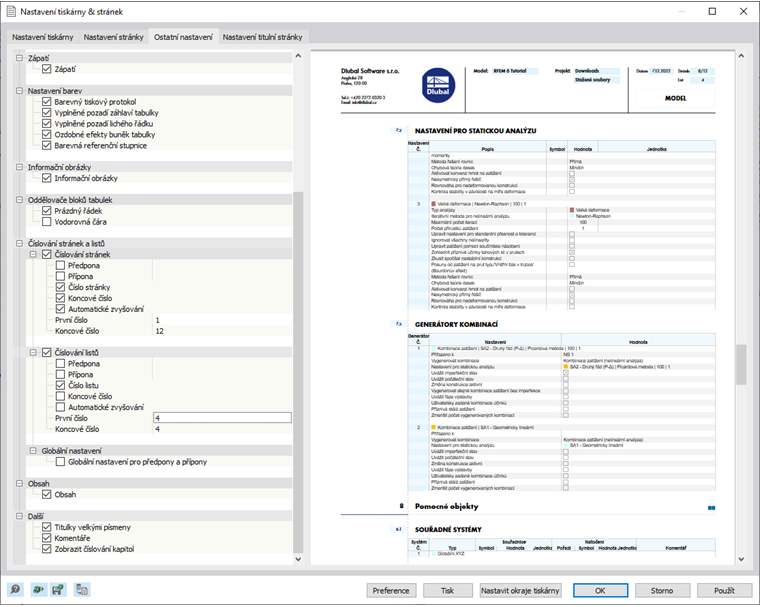 Definování číslování stran a listů