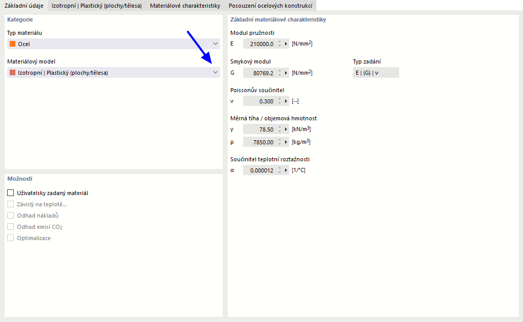 Výběr plastického materiálového modelu