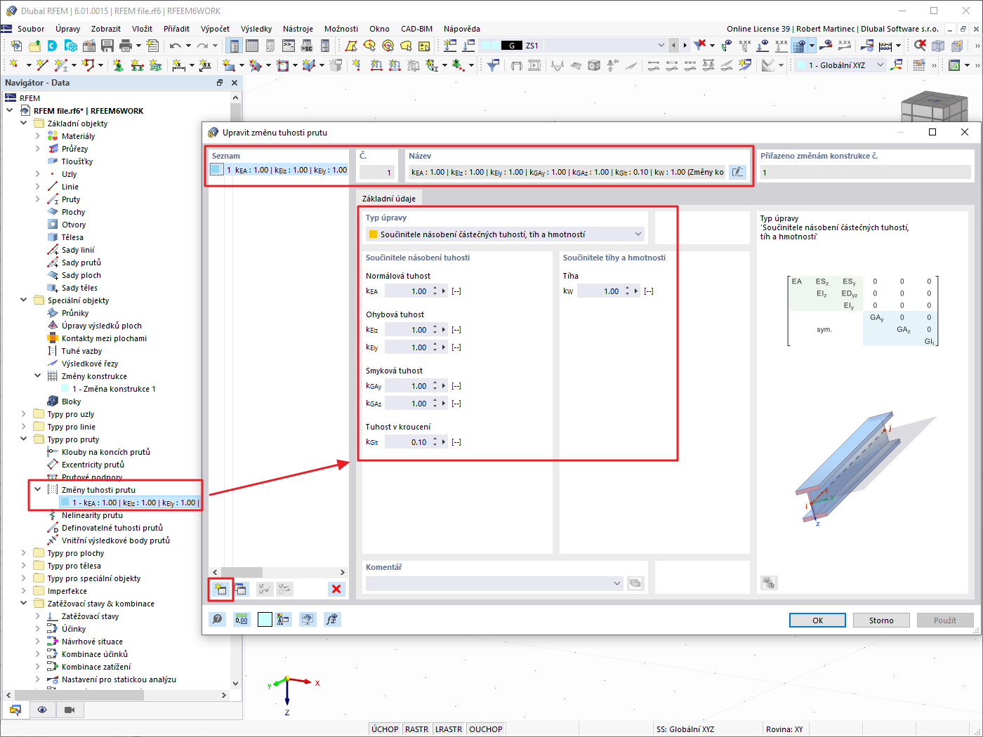 FAQ 005201 | Jak mohu v programu RFEM 6 a RSTAB 9 změnit tuhost určitých prutů pomocí součinitele?