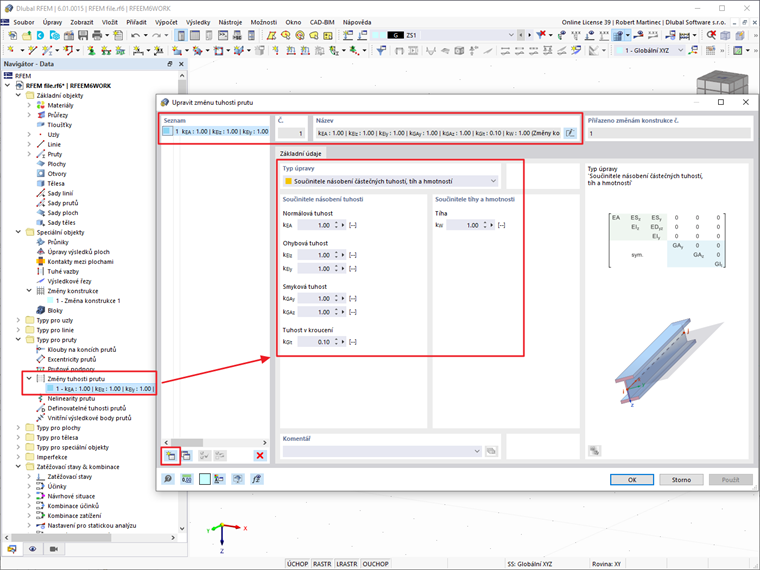 FAQ 005201 | Jak mohu v programu RFEM 6 a RSTAB 9 změnit tuhost určitých prutů pomocí součinitele?