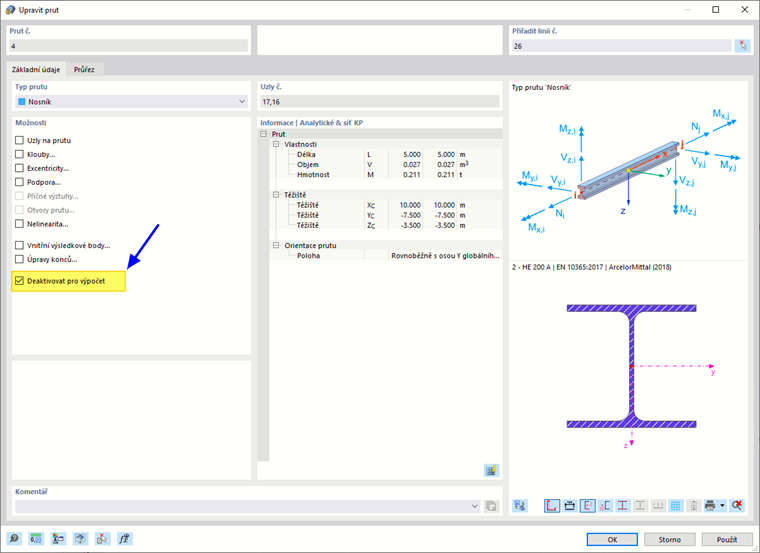 Deaktivovat prut pro výpočet
