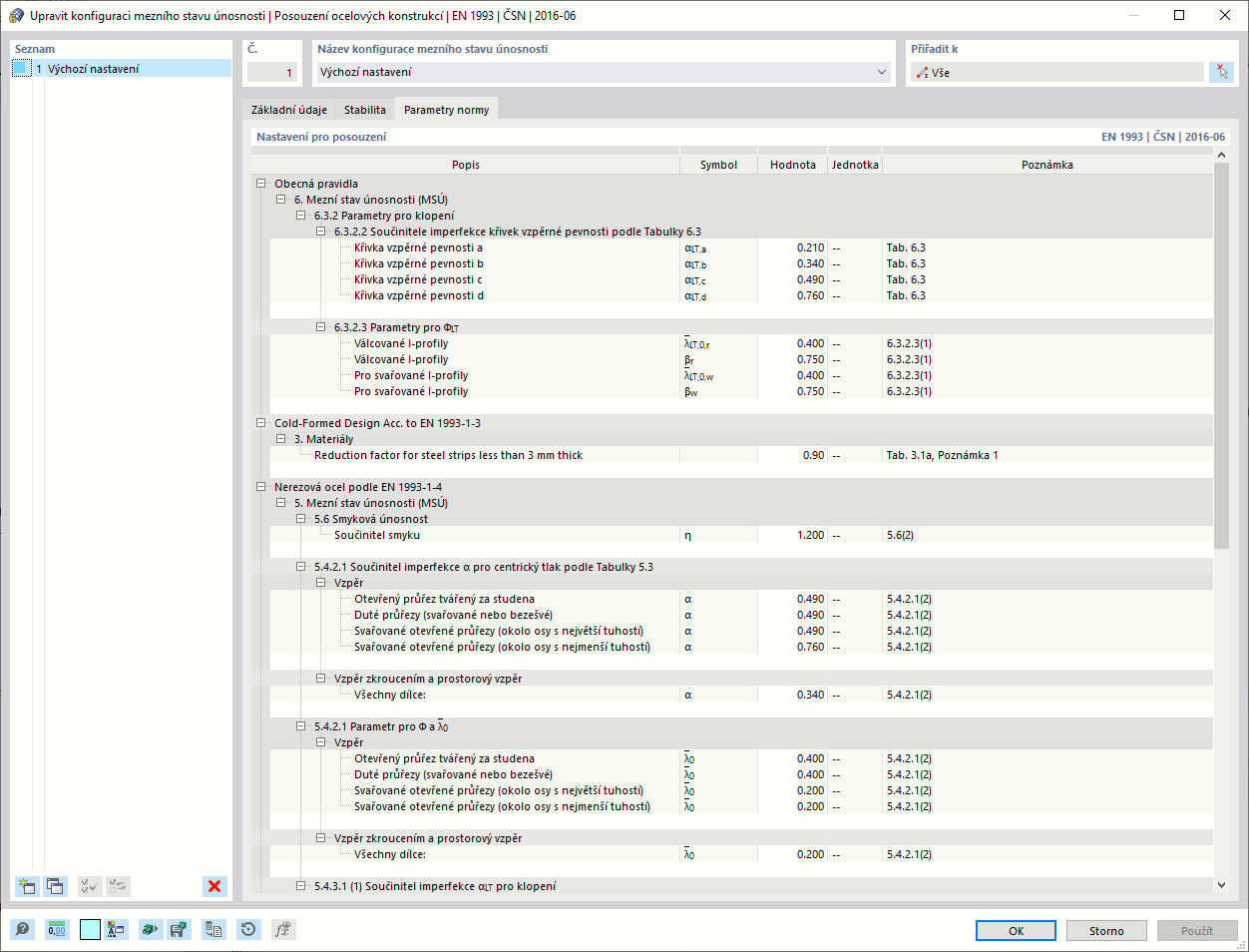 Záložka "Parametry normy" pro posouzení oceli podle EN 1993