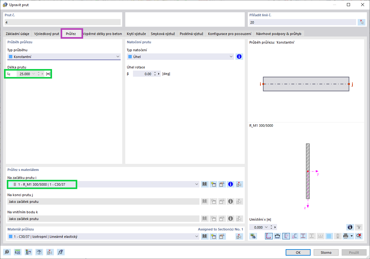 Rozměry výsledkového prutu