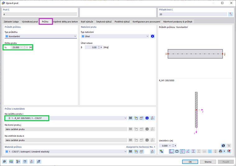 Rozměry výsledkového prutu