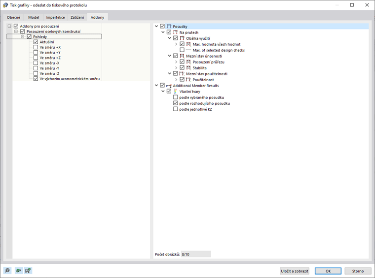 Addon Grafický tisk - Vícenásobný tisk výsledků - Posouzení ocelových konstrukcí