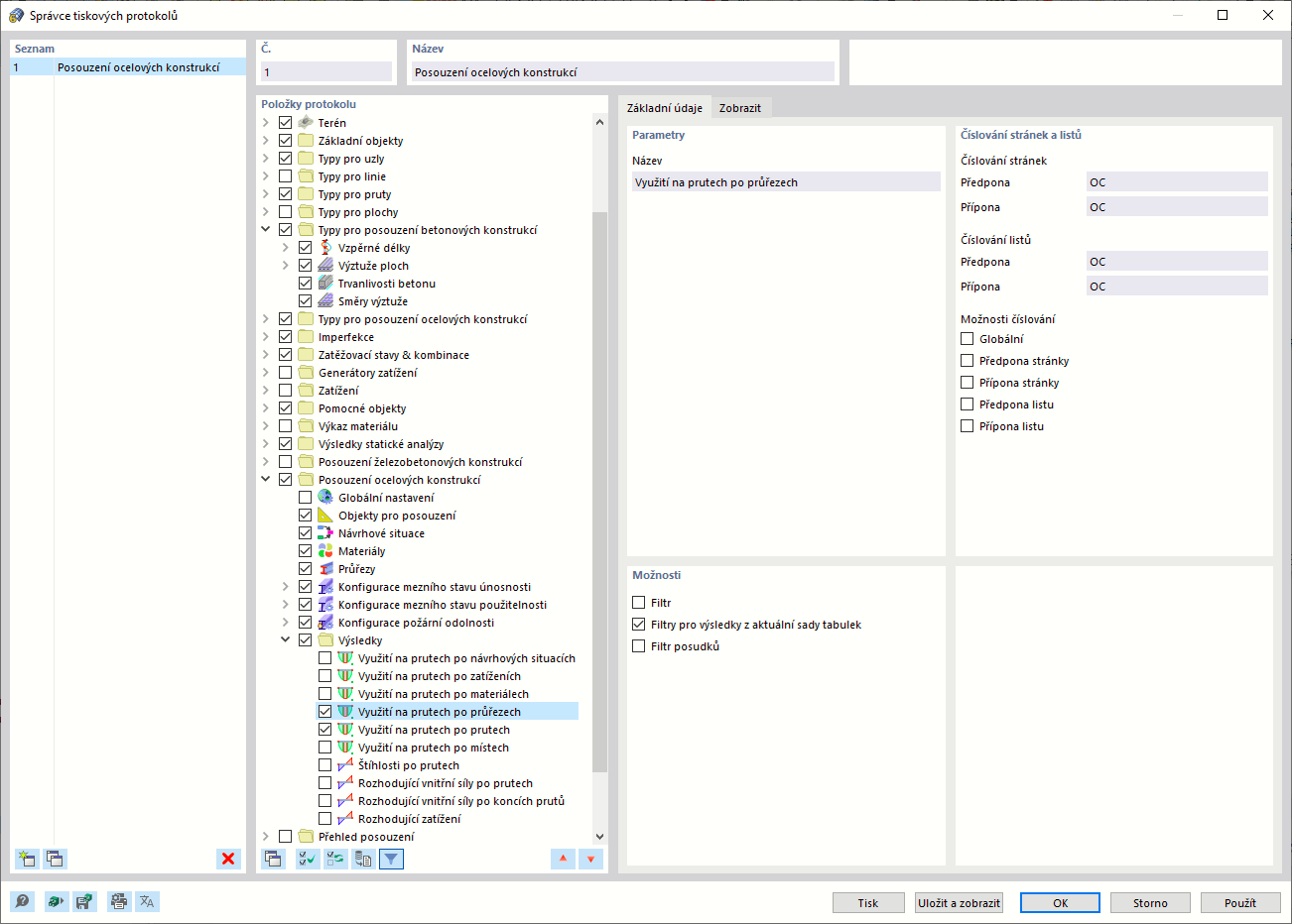 Správce tiskových protokolů - Posouzení ocelových konstrukcí