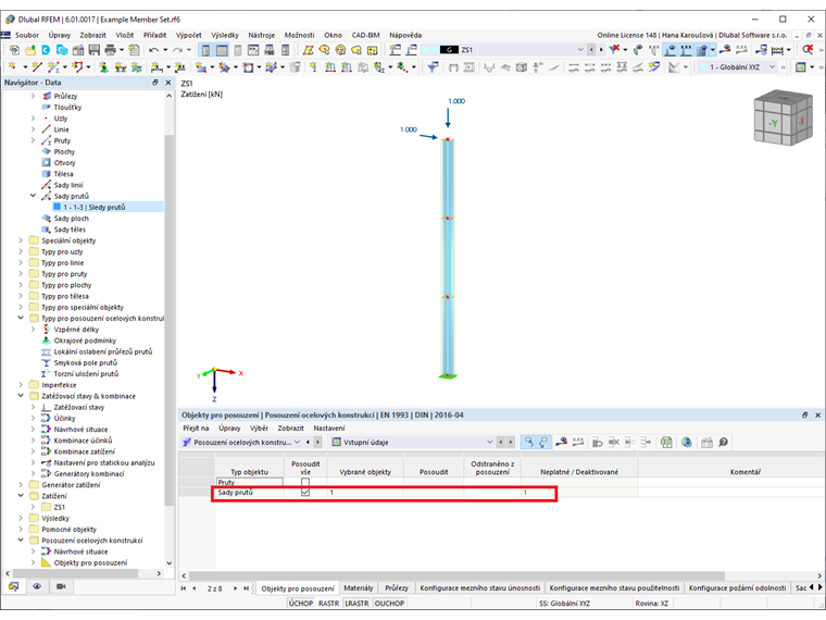 FAQ 005202 | Ve svém modelu jsem aktivoval Posouzení ocelových konstrukcí a definoval typy posouzení pro pruty. Proč nemohu posoudit nadřazenou sadu prutů?
