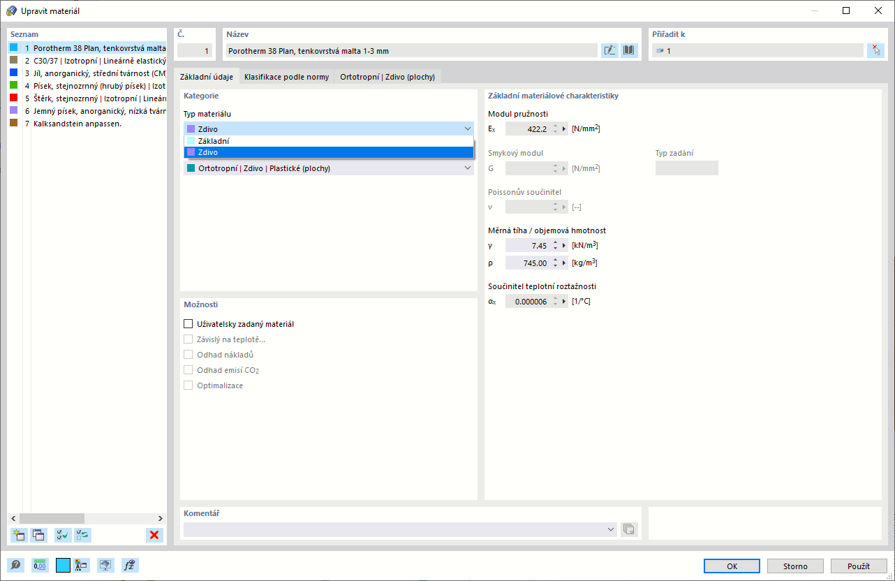 Dialogové okno „Upravit materiál“