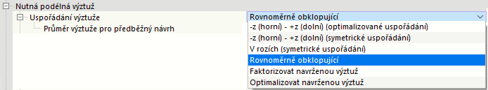 Zadejte uspořádání výztuže pro požadovanou výztuž